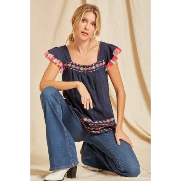 SOLD OUT Navy Geometric Embroidered Tassel Trimmed Woven Short Sleeve Top - Picture 2 of 5